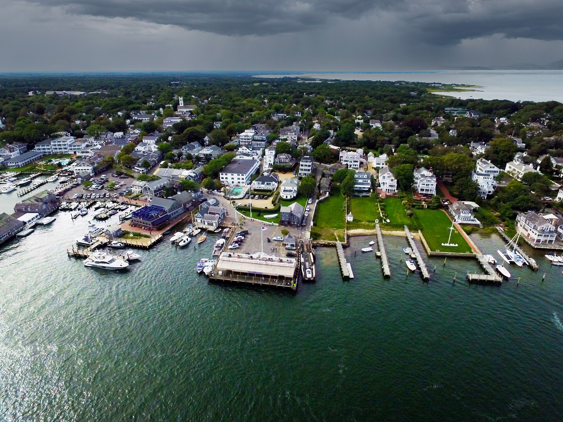 Edgartown Harbor from the air, docks and sail