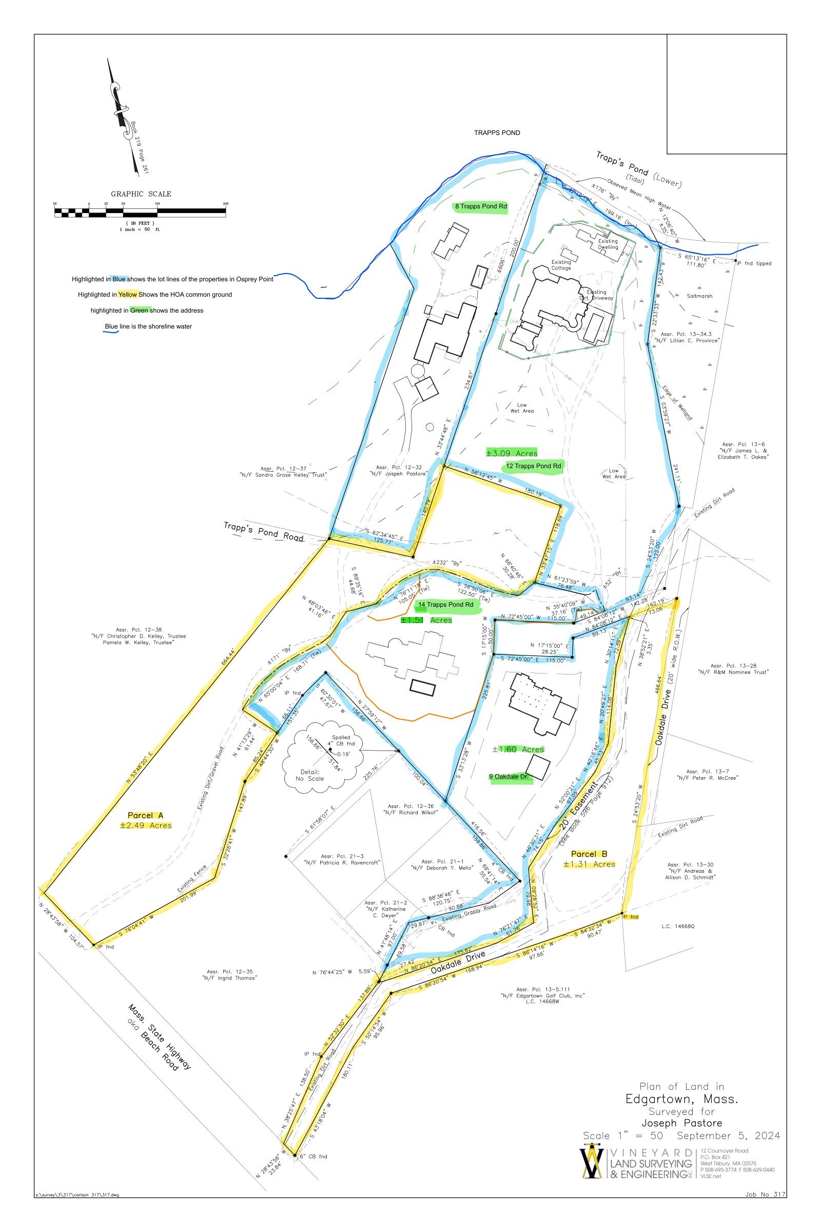 Osprey Point site plan — lot lines in blue, association common ground in yellow, addresses in green, shoreline in blue
