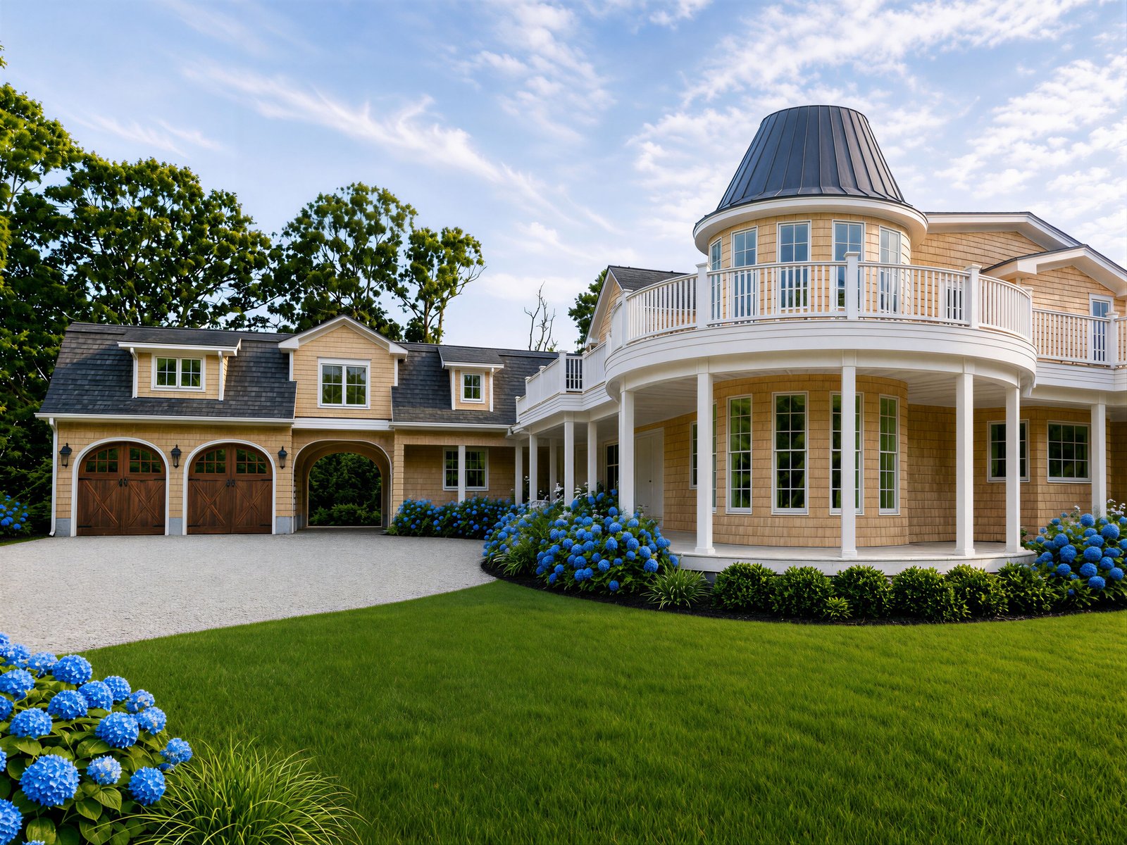 The Mayhew — the completed exterior with turret, white-finished posts and trim