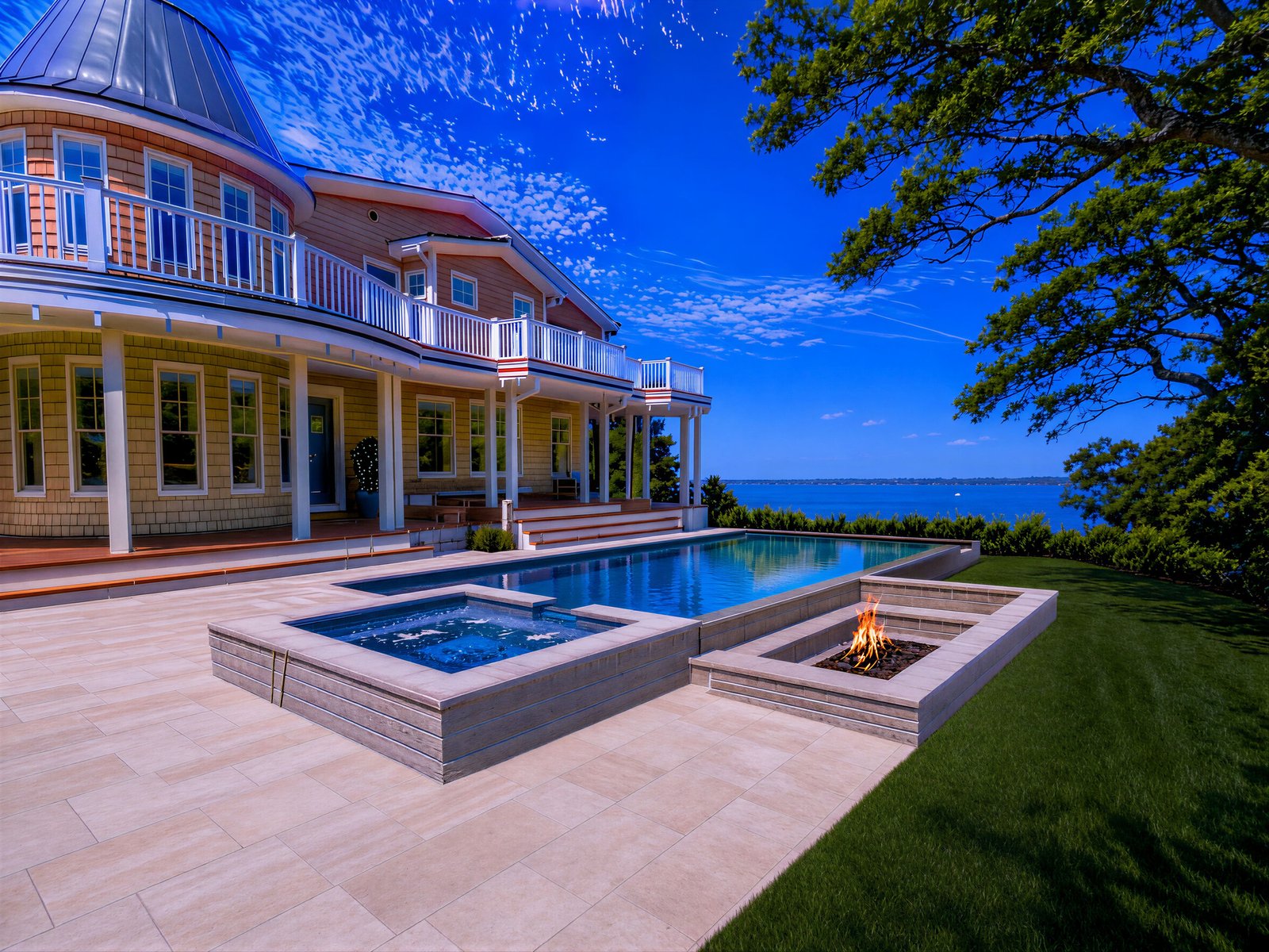 The Mayhew — pool and fire pit at dusk