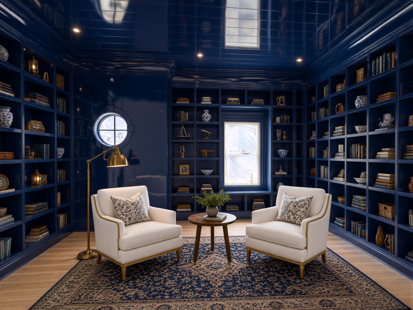 The Priscilla — the library in navy lacquer, staged