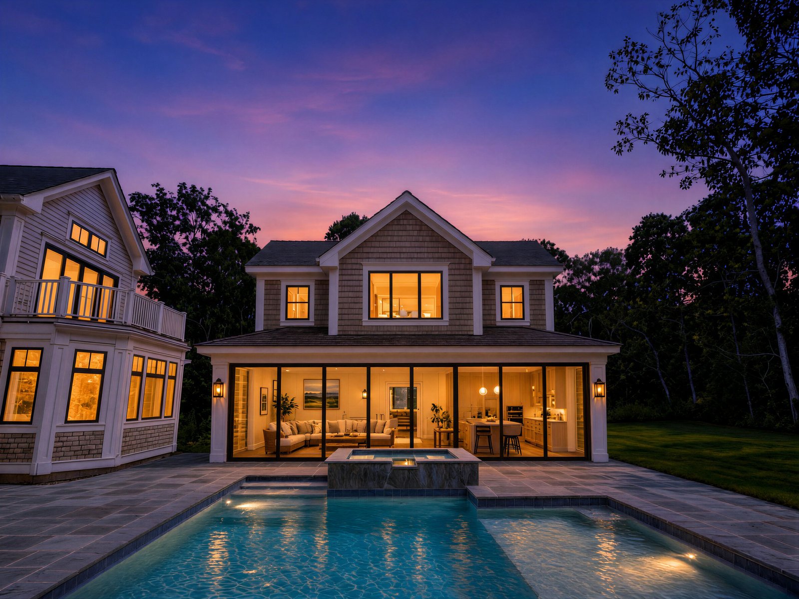 The Priscilla — the pool house and pool at sunset